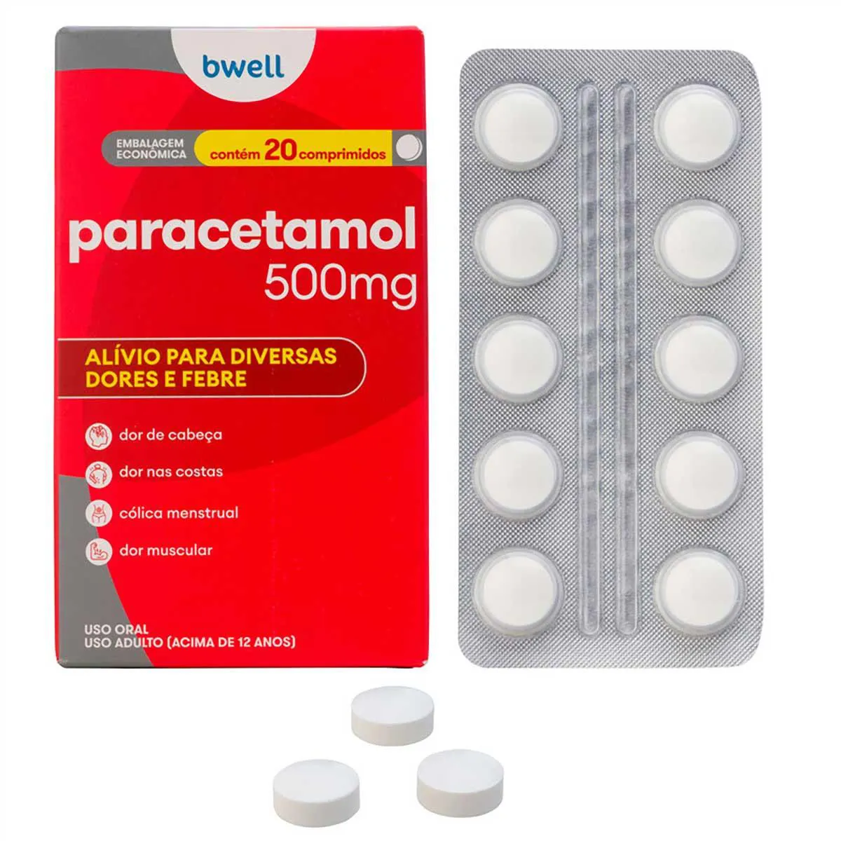 Paracetamol 500mg 20 comprimidos - bwell - Melhor preço | Drogasil