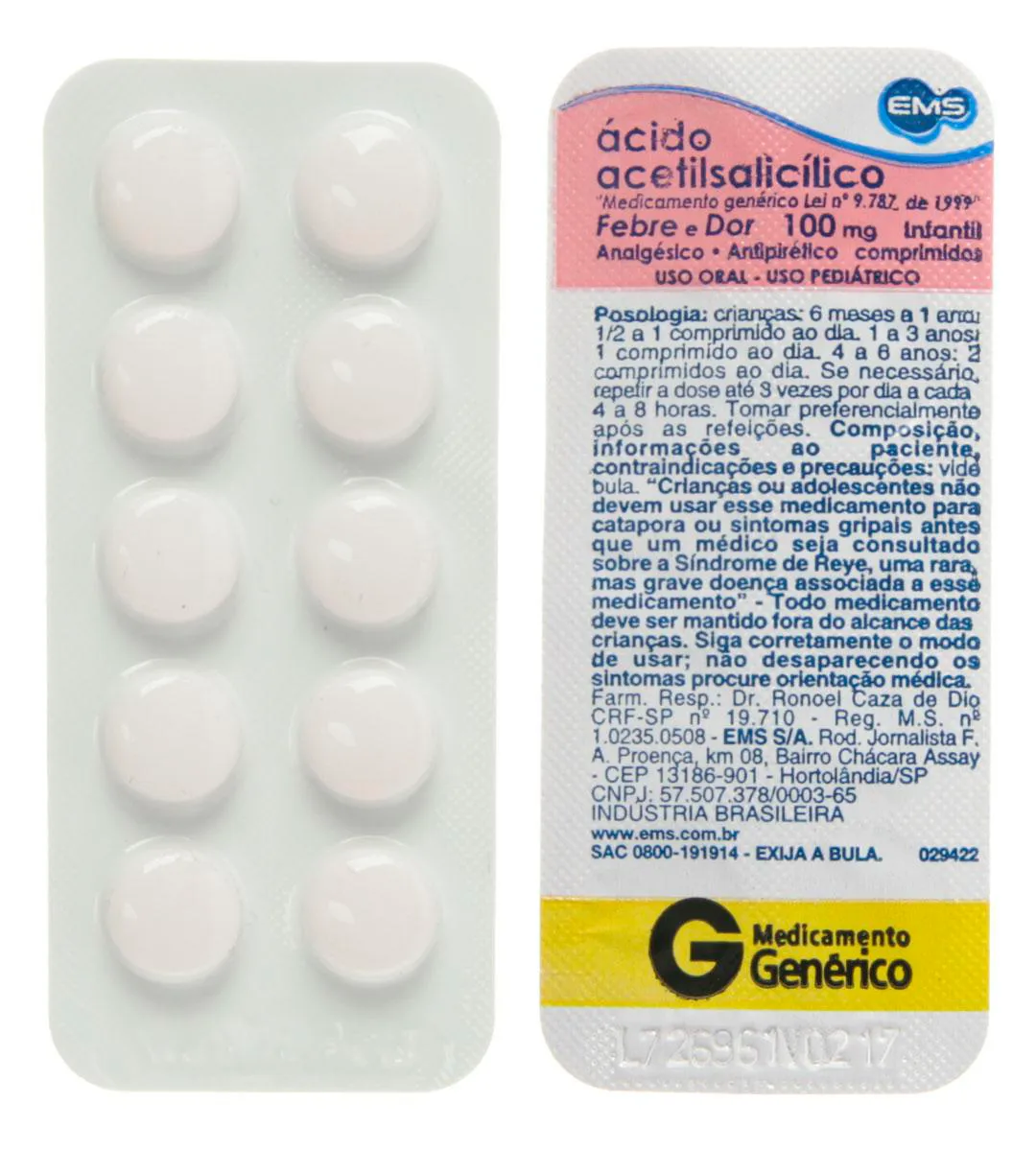 Ácido Acetilsalicílico 100mg 10 comprimidos EMS Genérico