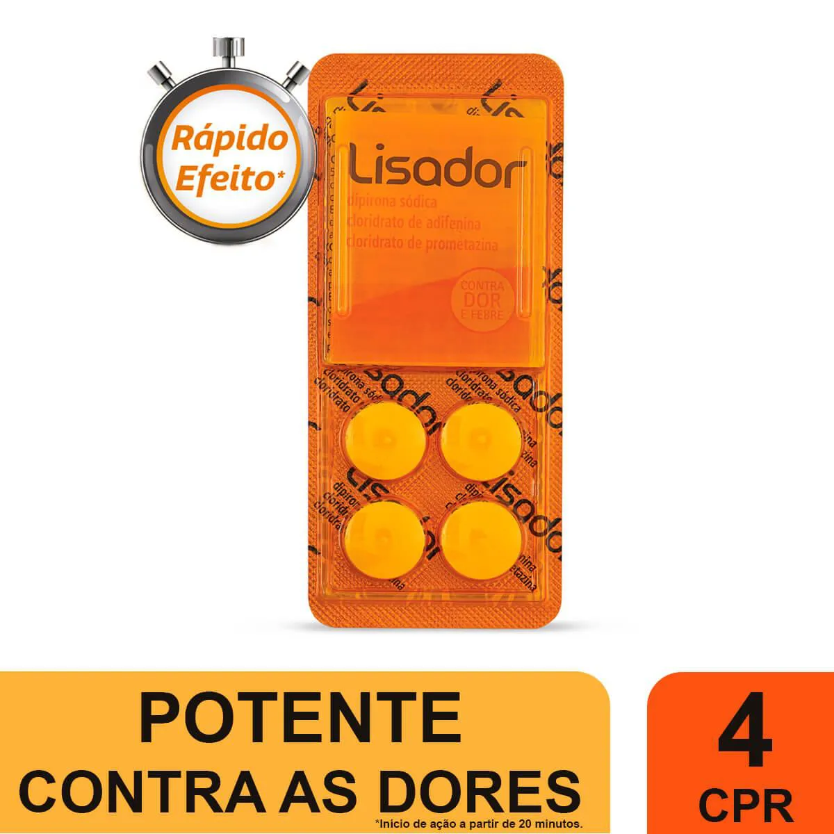 Lisador Dipirona 500mg + Adifenina 10mg + Prometazina 5mg 4 comprimidos