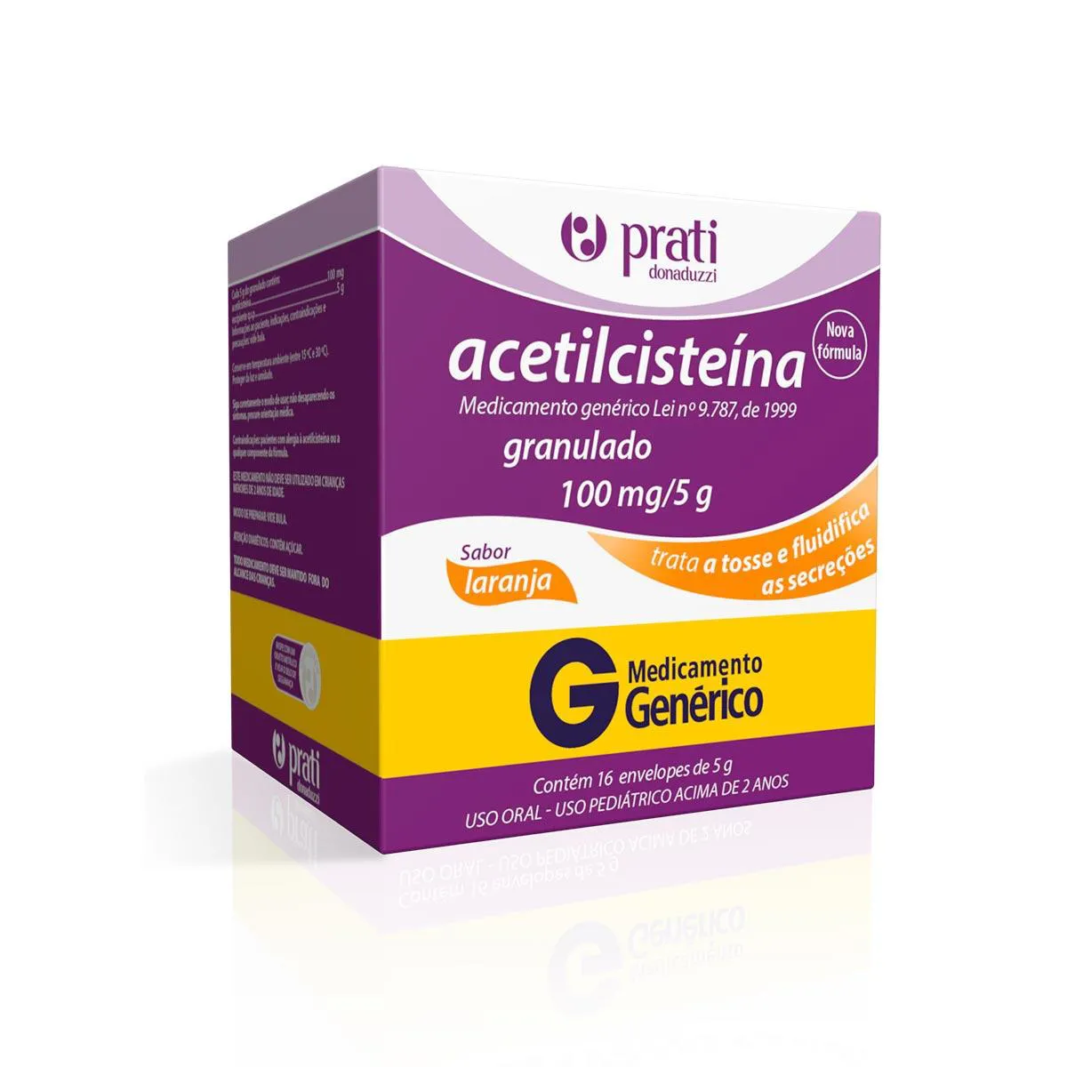 Acetilcisteína 100mg/5g Granulado Sabor Laranja 16 envelopes Prati Donaduzzi Genérico