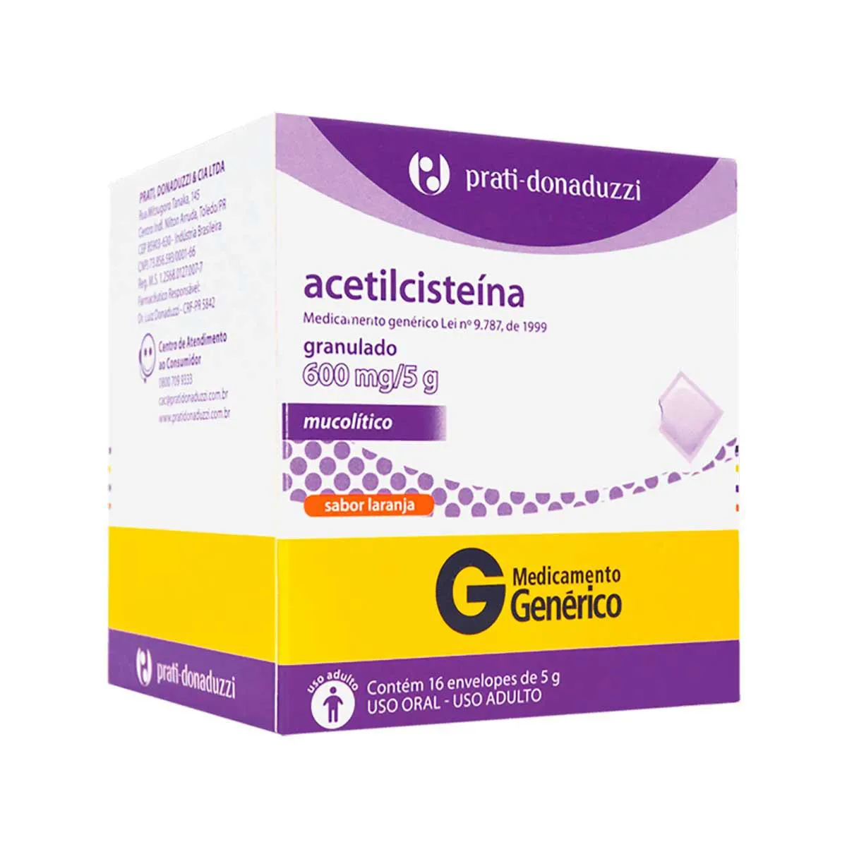 Acetilcisteína 600mg/5g Granulado Sabor Laranja 16 envelopes Prati Donaduzzi Genérico