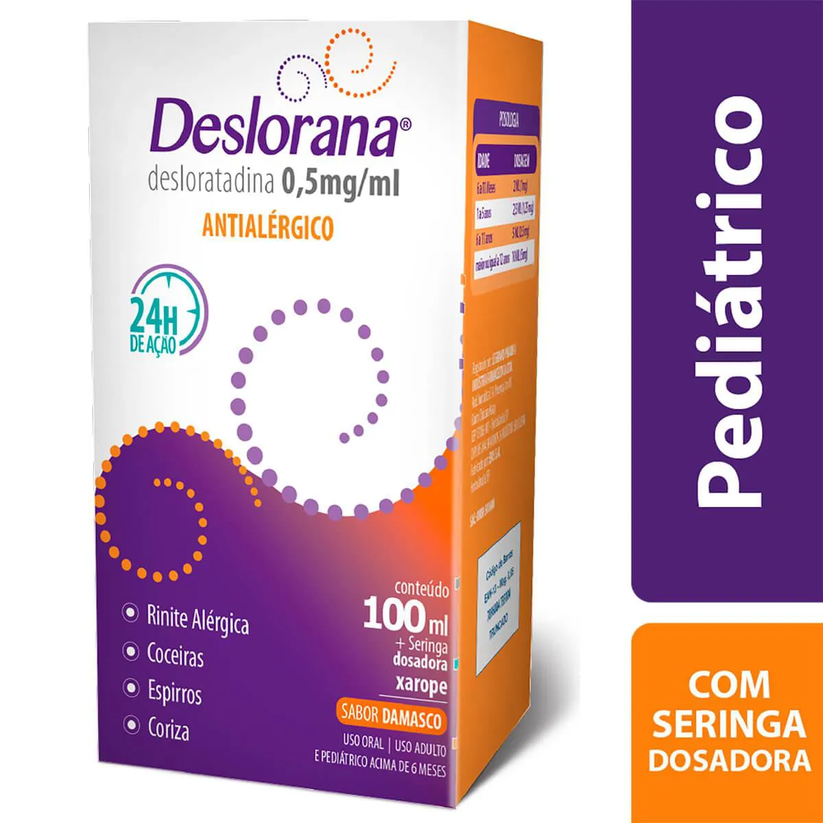 Deslorana Desloratadina 0,5mg Xarope Sabor Damasco 100ml + Seringa dosadora