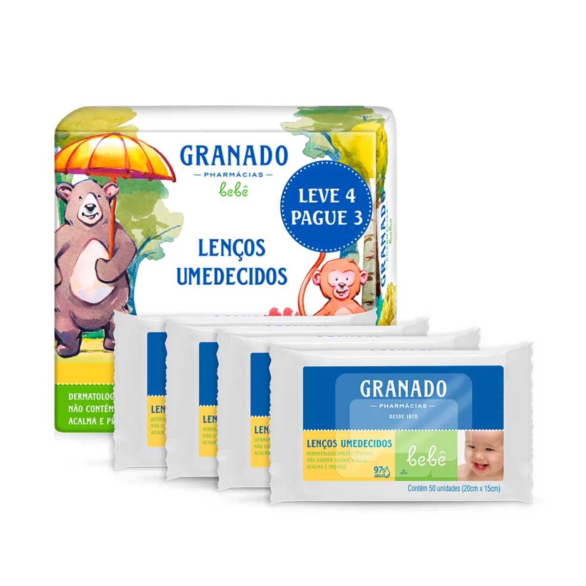 Kit Lenço Umedecido Granado Bebê Tradicional Sem Álcool 97% Água 50 unidades 4 pacotes