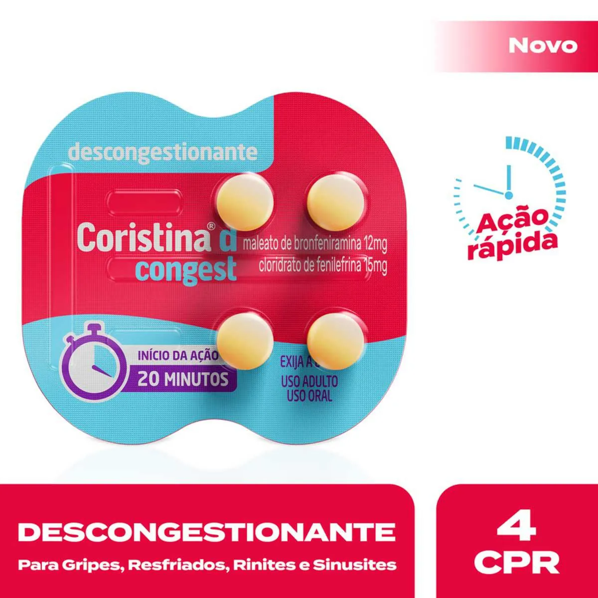 Coristina D Congest 12mg + 15mg 4 comprimidos | Drogasil