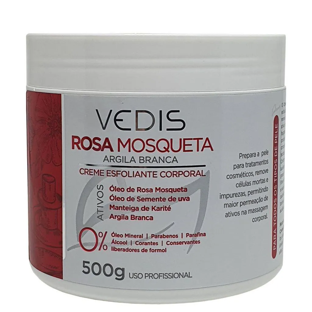 CREME ESFOLIANTE CORPORAL ROSA MOSQUETA ARGILA BRANCA 500G VEDIS