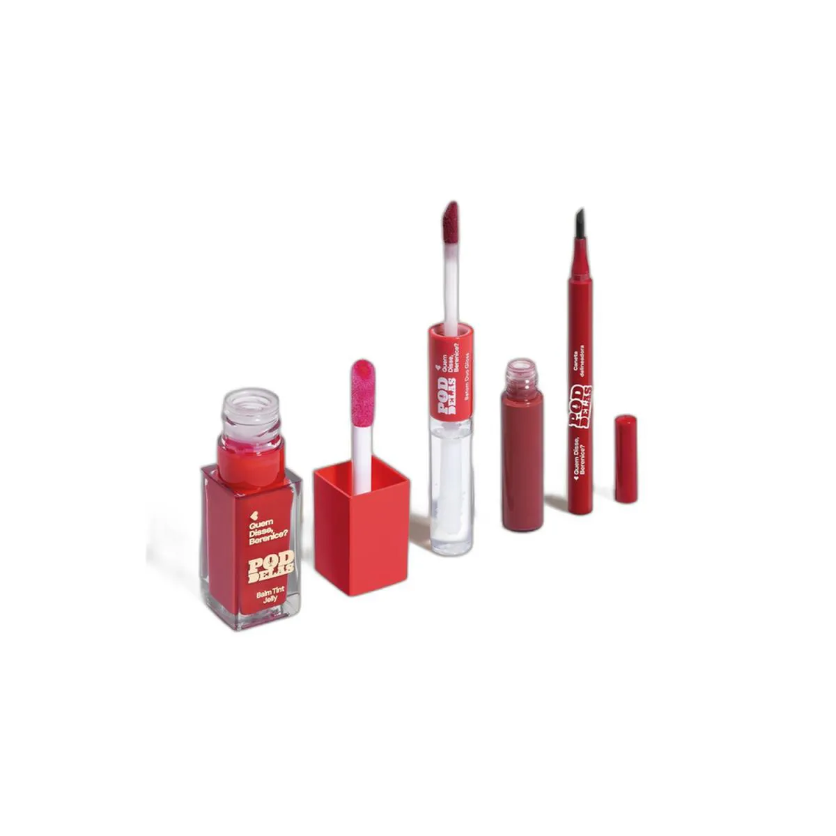 Combo Qdb Pod Delas: Caneta Delineadora Preto 1,2Ml + Balm Tint Jelly Vermelho Ao Vivo 6,5Ml + Batom Duo Gloss Vermelho Se Inscreve 8Ml