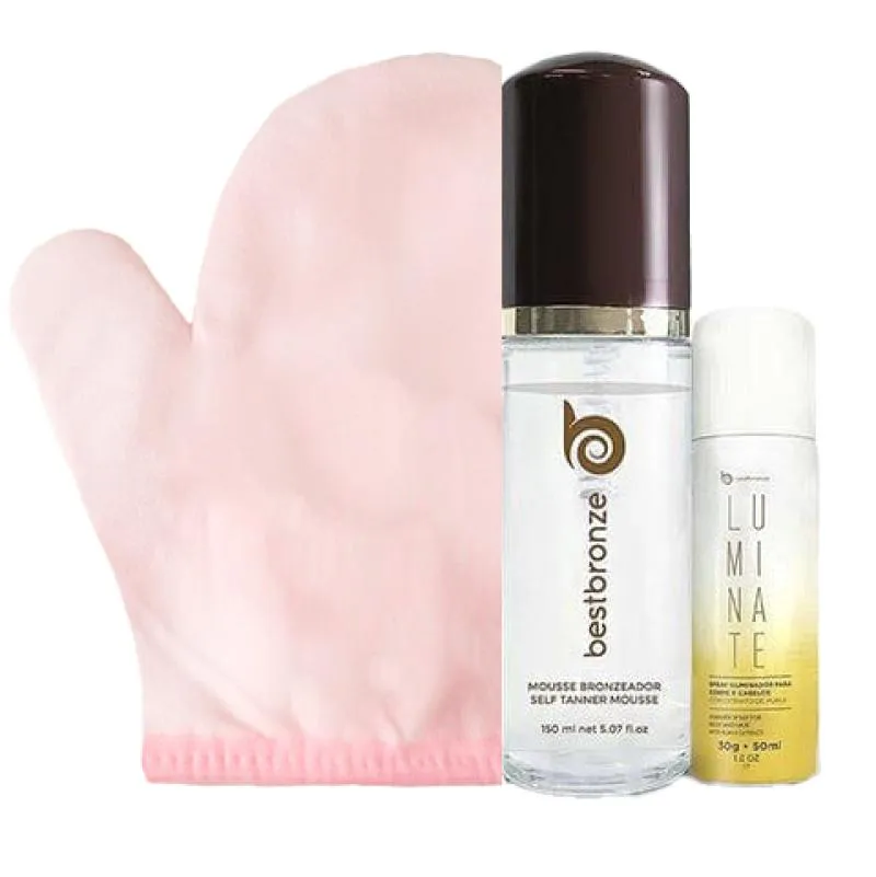 KIT MOUSSE AUTOBRONZEADOR CLEAR VEGAN - 150 ML + LUVA + MINI LUMINATE 50 ML