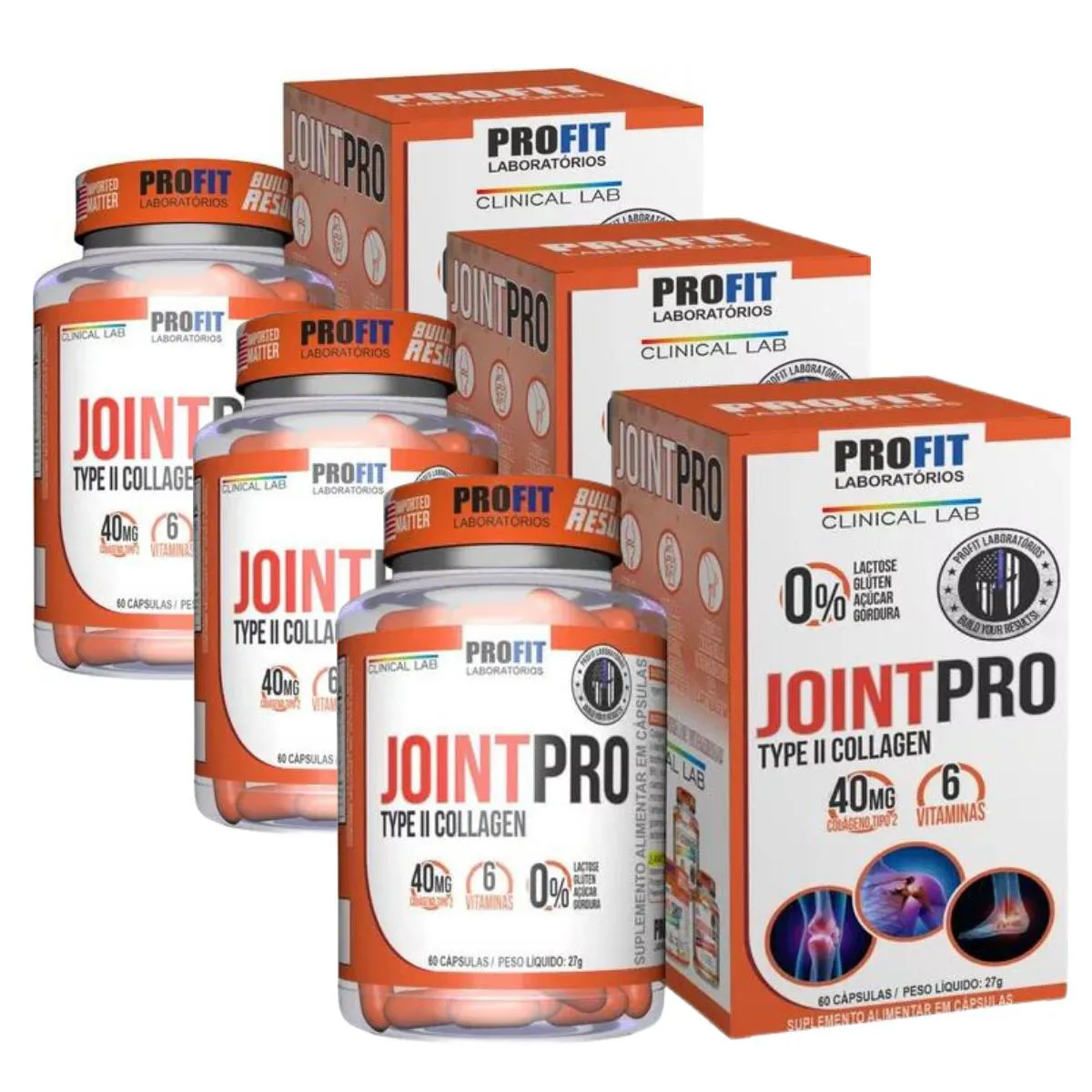 3X SUPLEMENTO JOINT PRO TYPE II COLLAGEN 60 CAPS - PROFIT SEM Sabor