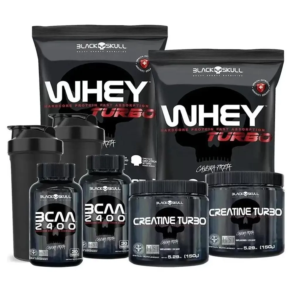 Kit Black Skull Whey Protein Turbo Toffe 907g 2 unidades + Creatina Turbo 150g 2 unidades + BCAA 2400mg 30 cápsulas 2 unidades + 2 Coqueteleiras