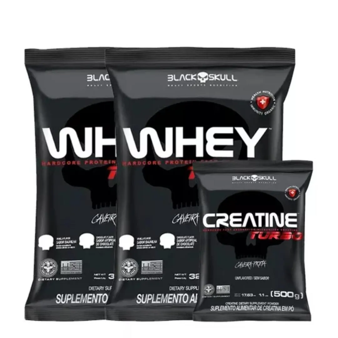 KIT 2 WHEY PROTEIN TURBO 907G + CREATINA TURBO 500G - BLACK SKULL MORANGO