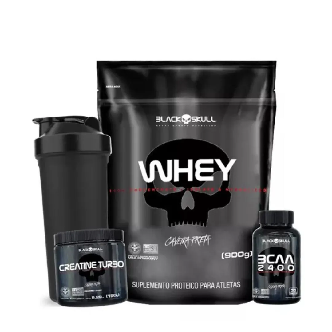 KIT WHEY 900G + BCAA 30 CAPS + CREATINA 150G - BLACK SKULL Baunilha