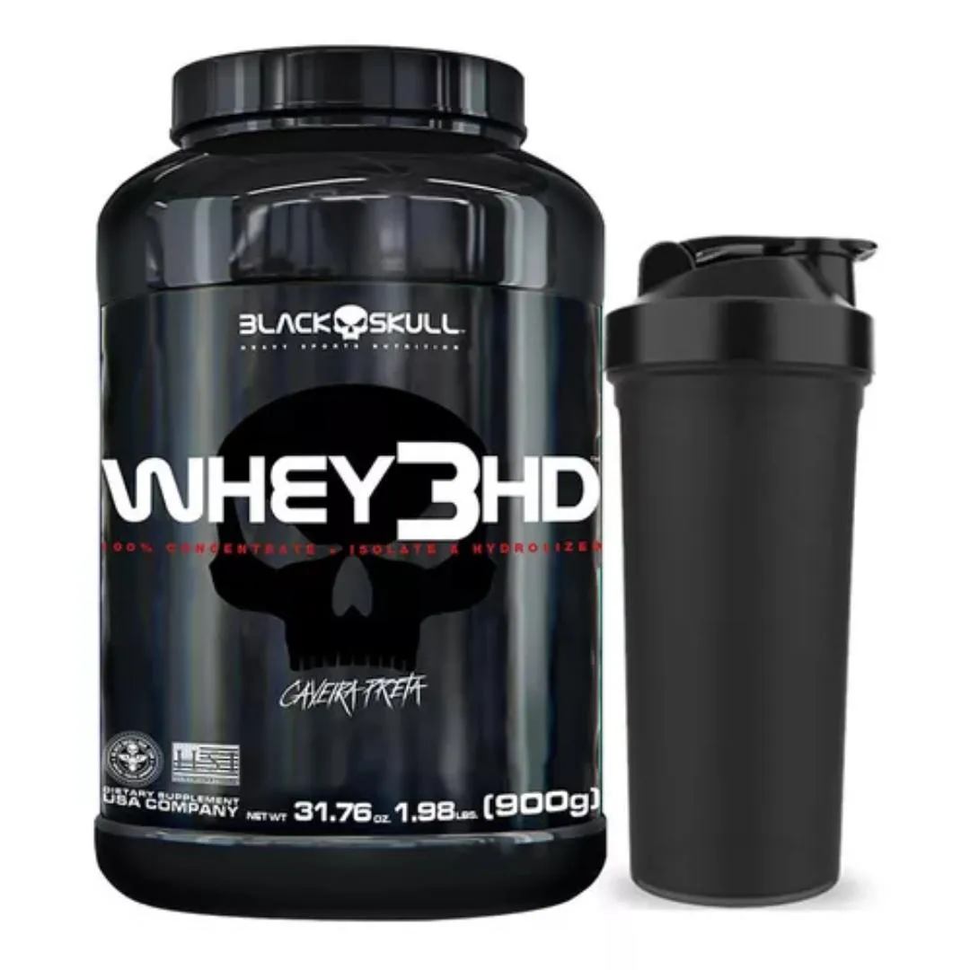 Kit Whey Protein 3W Black Skull 100% HD Morango 900g + Brinde