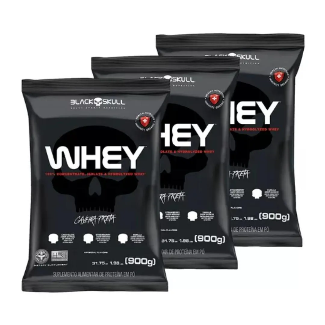 Kit Whey Protein 3W Black Skull Morango 900g 3 unidades