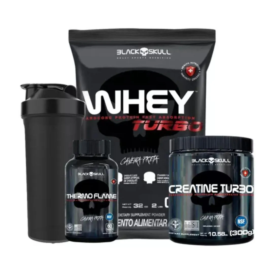 Kit Black Skull Whey Protein Turbo Refil 907g + Creatina Turbo 300g + Termogênico Thermo Flame 60 tabletes + Coqueteleira