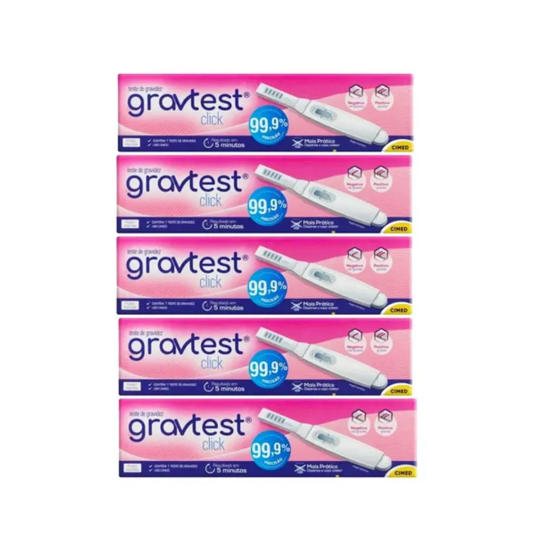 KIT 5 TESTE DE GRAVIDEZ GRAVTEST CLICK - CIMED 10 G SEM Sabor