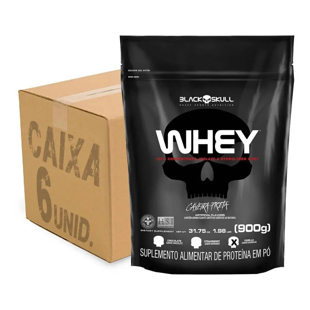 ATACADO 6X WHEY PROTEIN 900G 5.4KG TOTAL - BLACK SKULL MORANGO KIT MORANGO