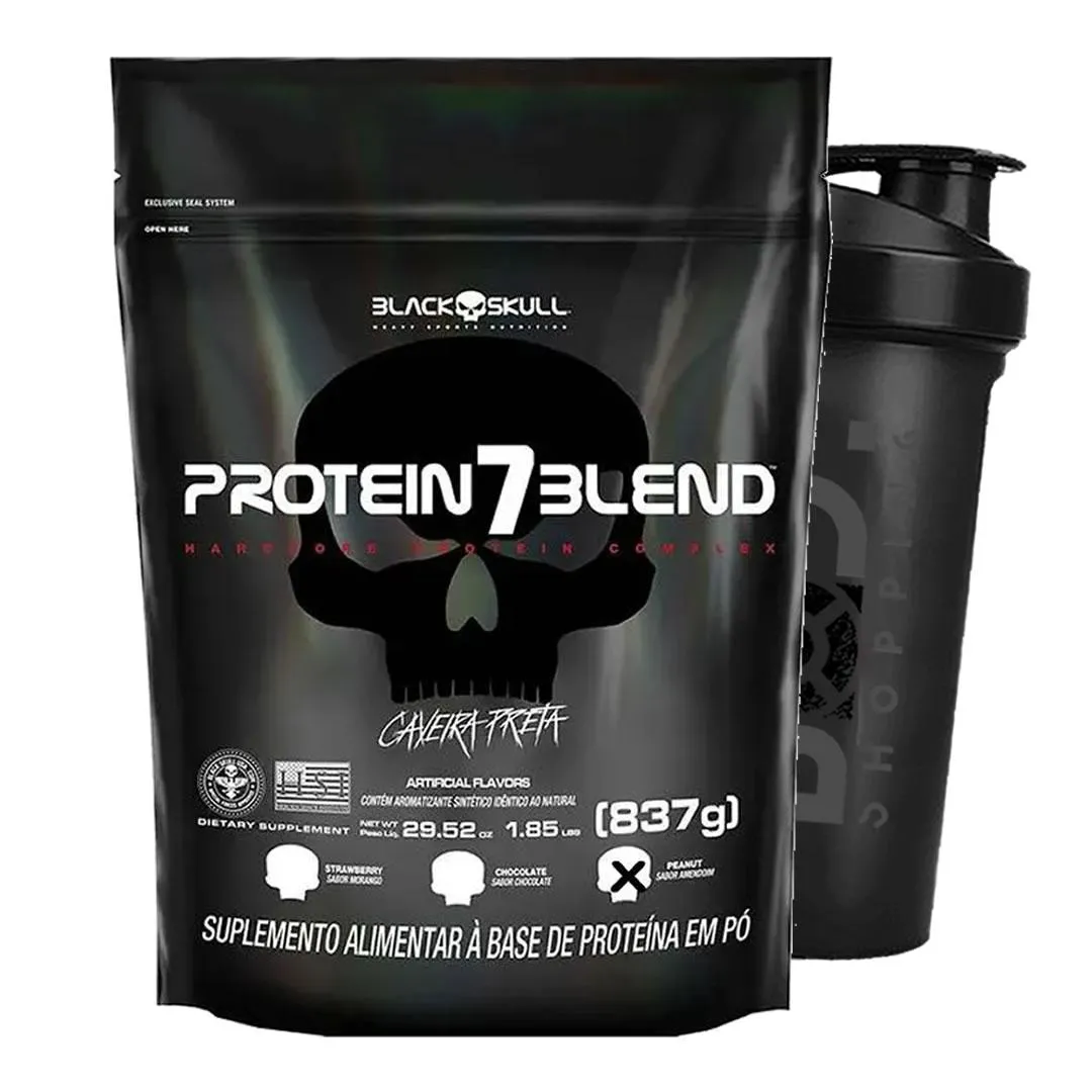 WHEY PROTEIN 7 BLEND (SC) 840 G (MORANGO) + SHAKER - BLACK SKULL KIT MORANGO