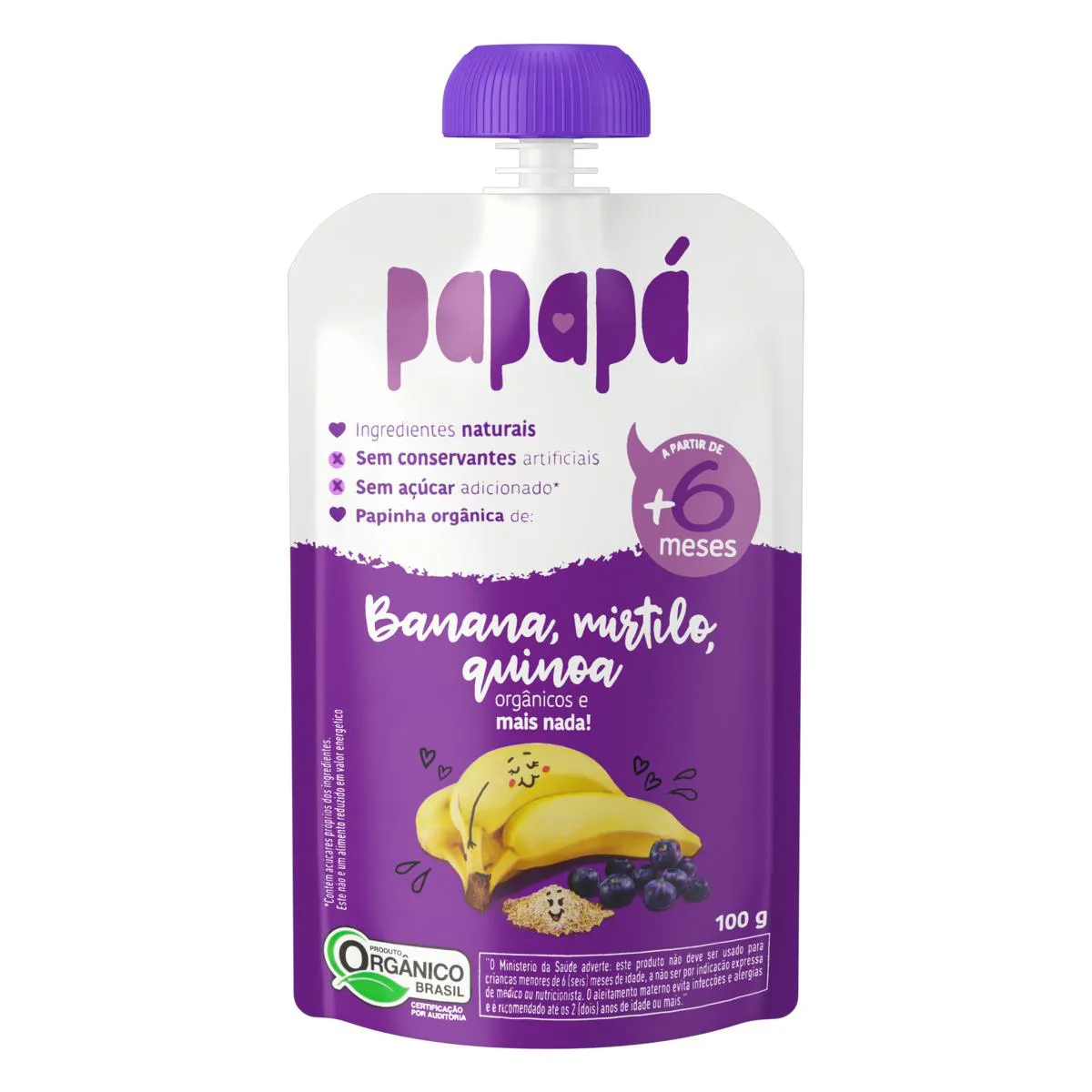 KIT 6X: PAPINHA ORGâNICA DE BANANA, MIRTILO E QUINOA PAPAPá 100G