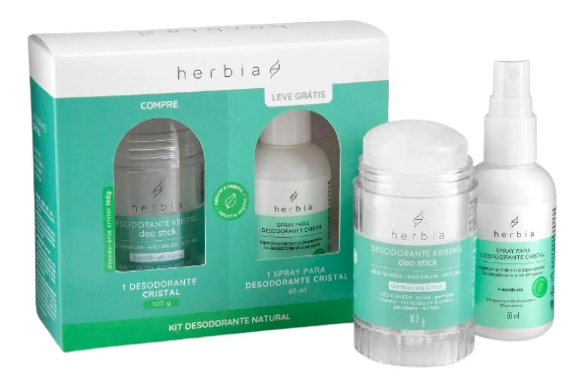 Kit Herbia Desodorante Vegano Sem Alumínio Stick Cristal Kristall Sem Álcool Sem Perfume 100g + Spray Higienizador para Desodorante Cristal 60ml