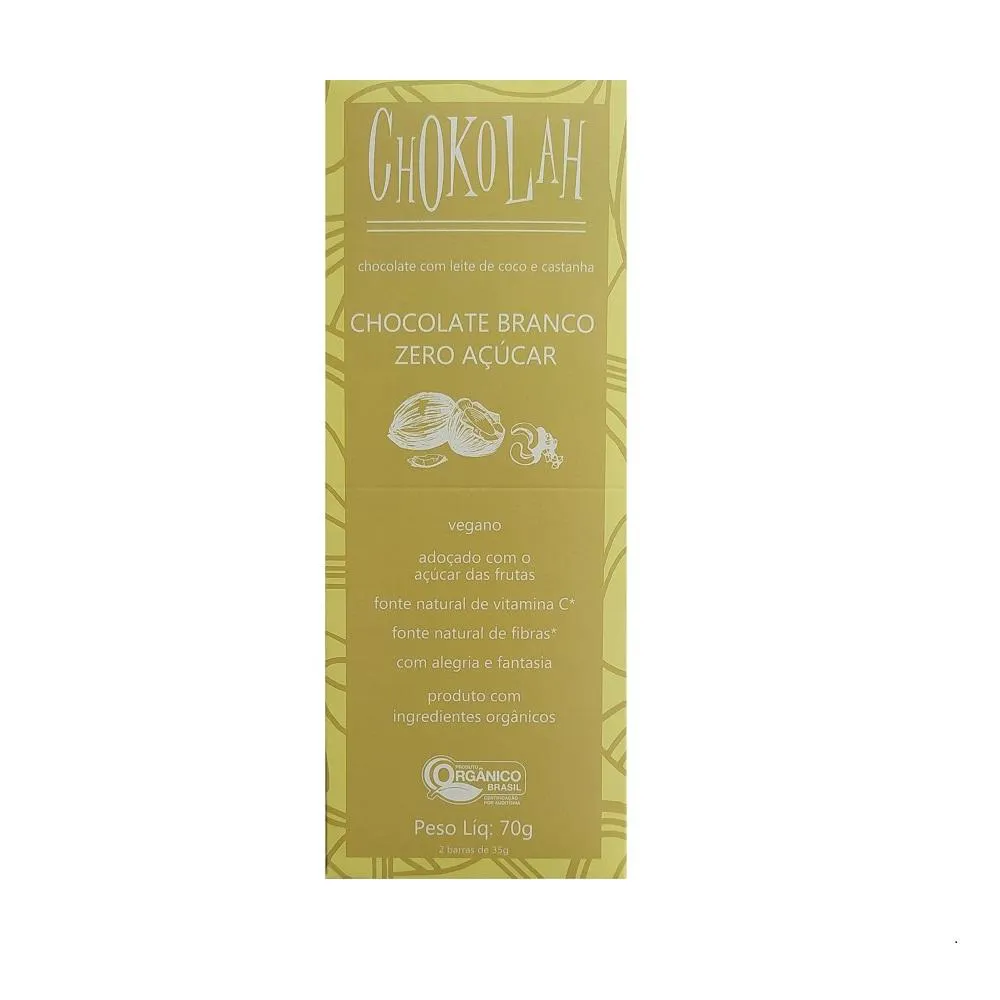 KIT 2X: CHOCOLATE BRANCO S/ AçúCAR ORGâNICO CHOKOLAH 70G