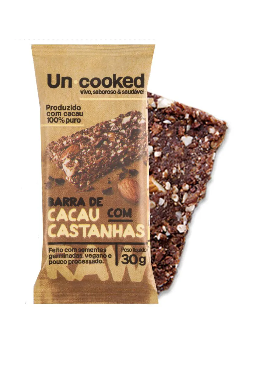 BARRA DE CACAU COM CASTANHAS SEM GLúTEN VEGANO UNCOOKED 30G