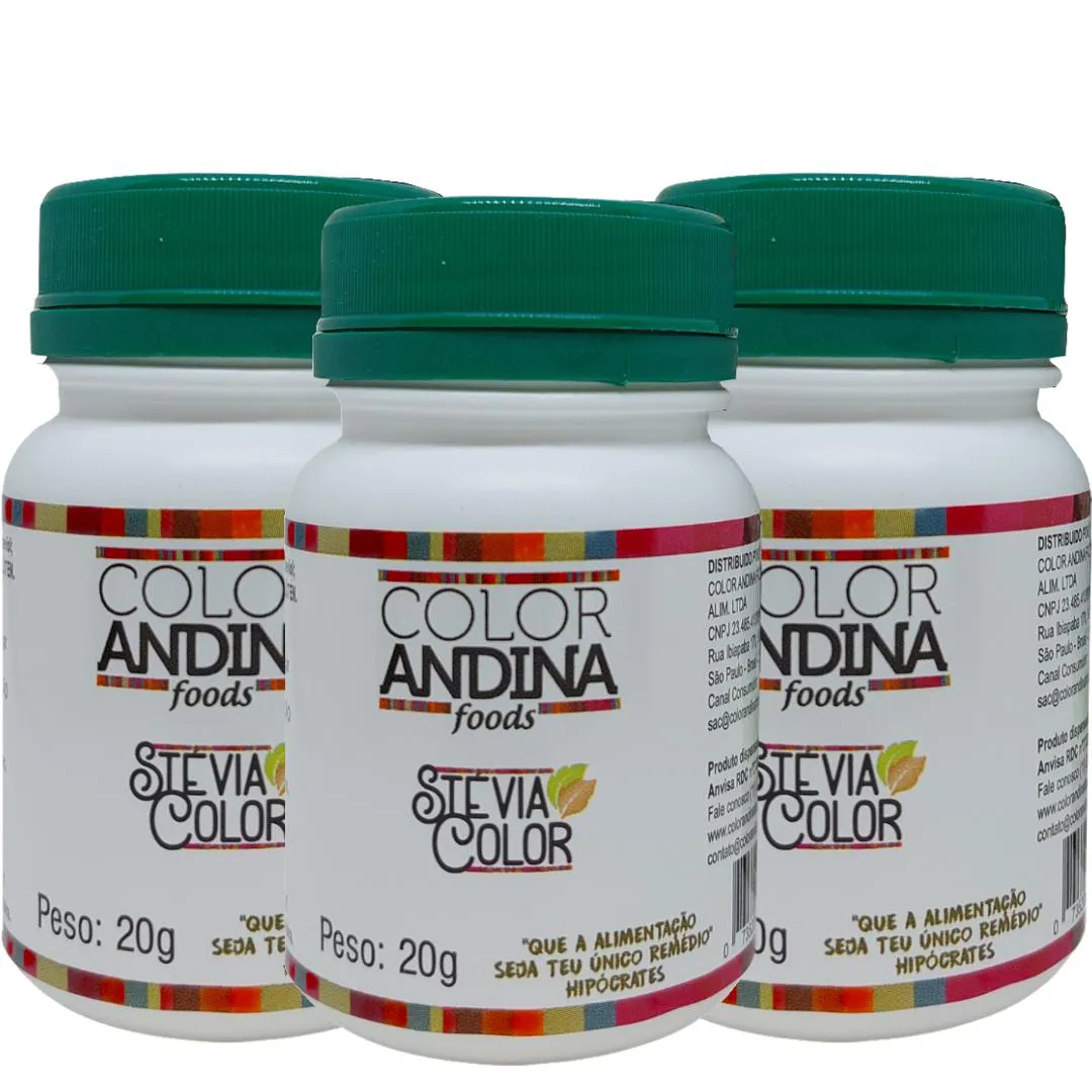 ADOçANTE DIETéTICO STéVIA COLOR ANDINA FOOD, 3 POTES DE 20G