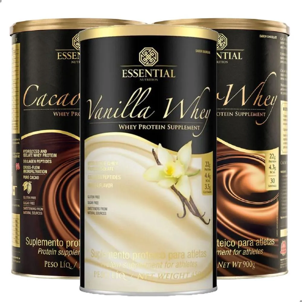 Kit Whey Protein Essential Nutrition Vanilla Whey 900g + Cacao Whey 900g 2 unidades