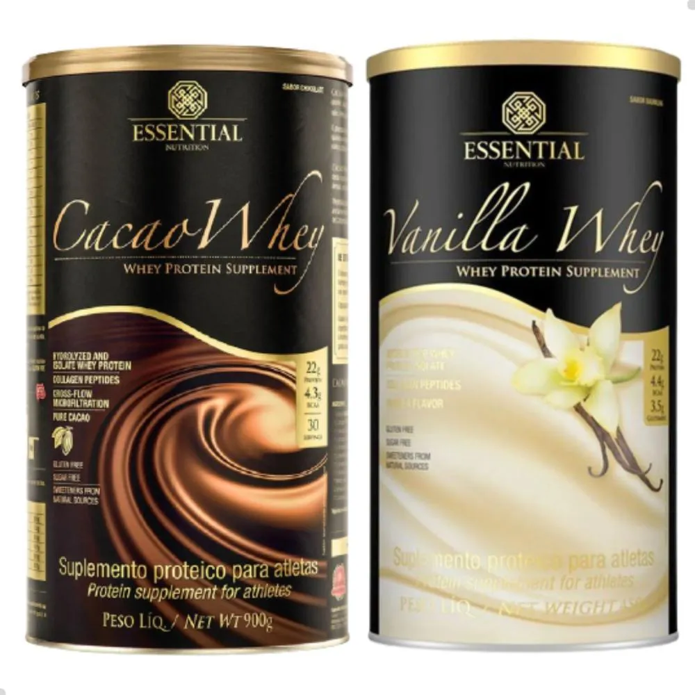 Kit Whey Protein Essential Nutrition Vanilla Whey 900g + Cacao Whey 900g