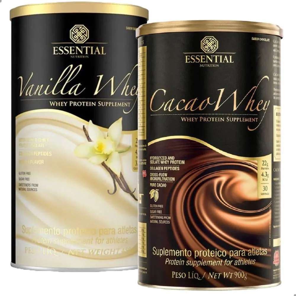 Kit Whey Protein Essential Nutrition Vanilla Whey 900g + Cacao Whey 900g