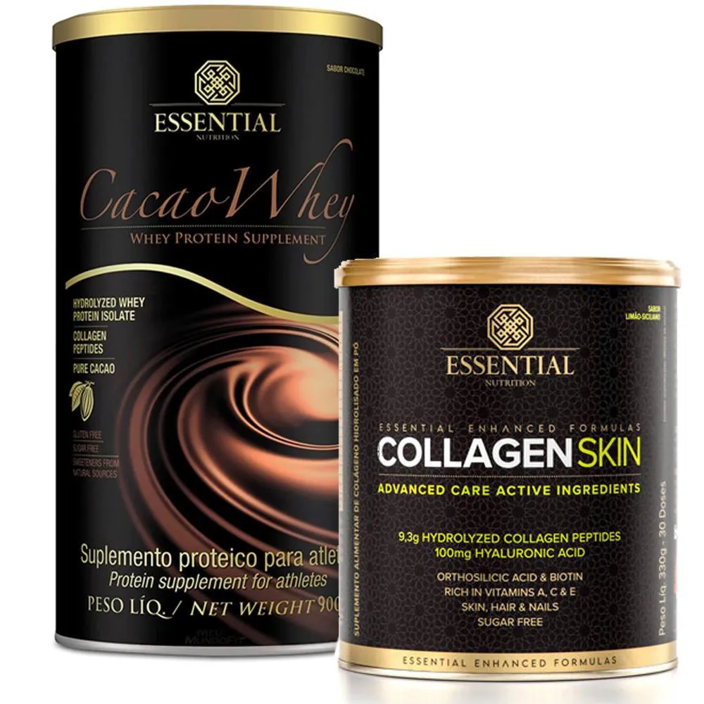 KIT CACAO WHEY PROTEIN 900G + COLLAGEN SKIN 330G ESSENTIAL