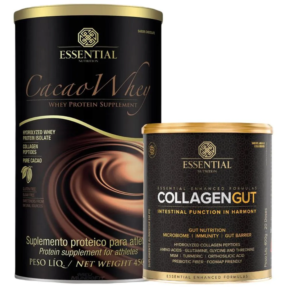 KIT CACAO WHEY PROTEIN 450G + COLLAGEN GUT 400G - ESSENTIAL
