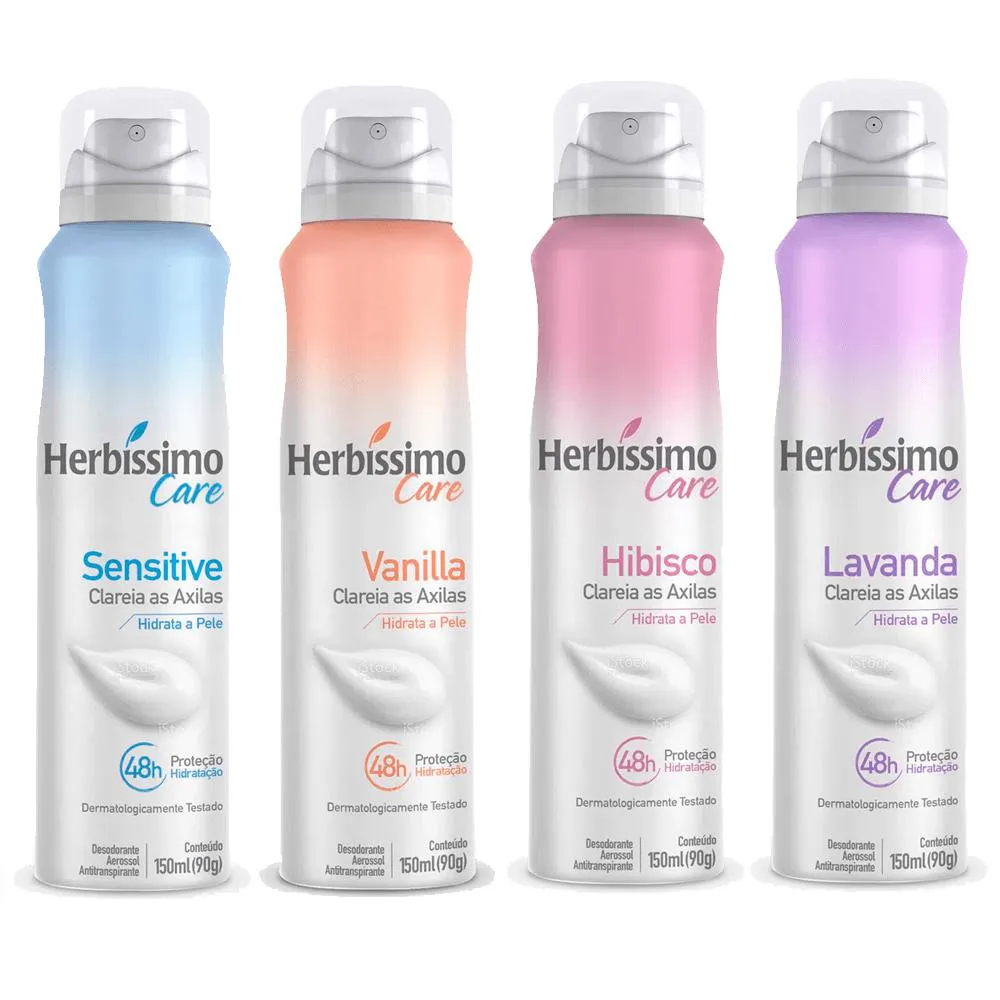 KIT DESODORANTE AEROSSOL ANTITRANSPIRANTE HERBISSIMO CARE FRAGRâNCIAS- C/4 UNIDADES