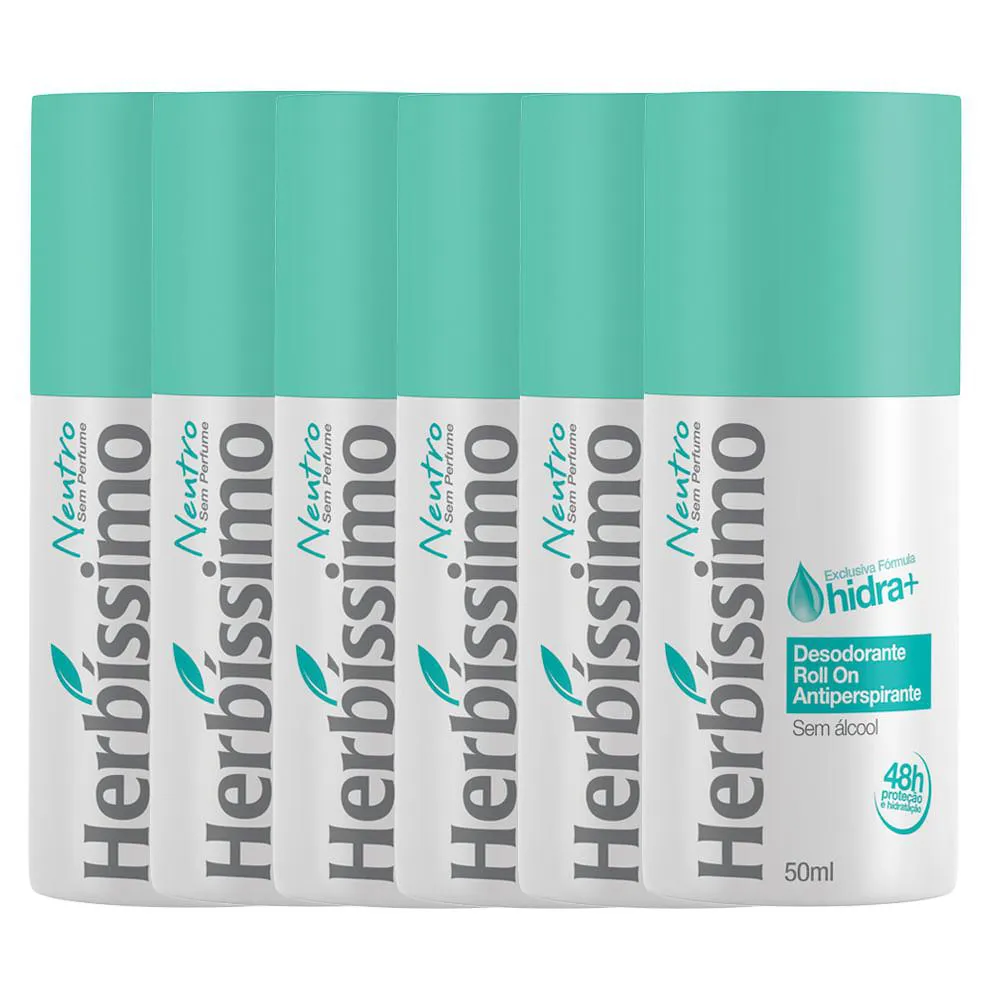 Kit Desodorante Antitranspirante Roll-On Herbíssimo Neutro 50ml 6 unidades