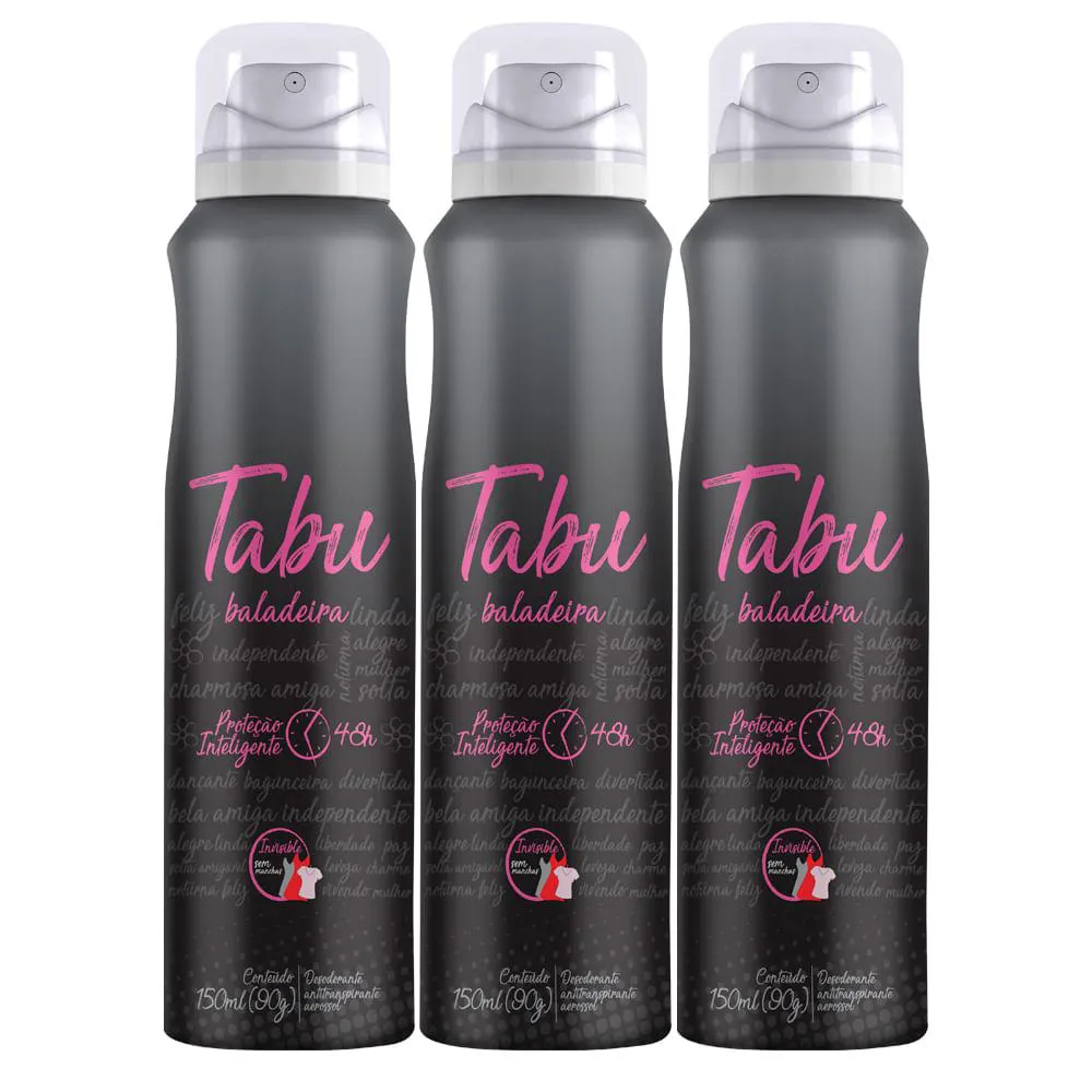 Kit Desodorante Antitranspirante Aerosol Tabu Baladeira Feminino 48h 150ml 3 unidades