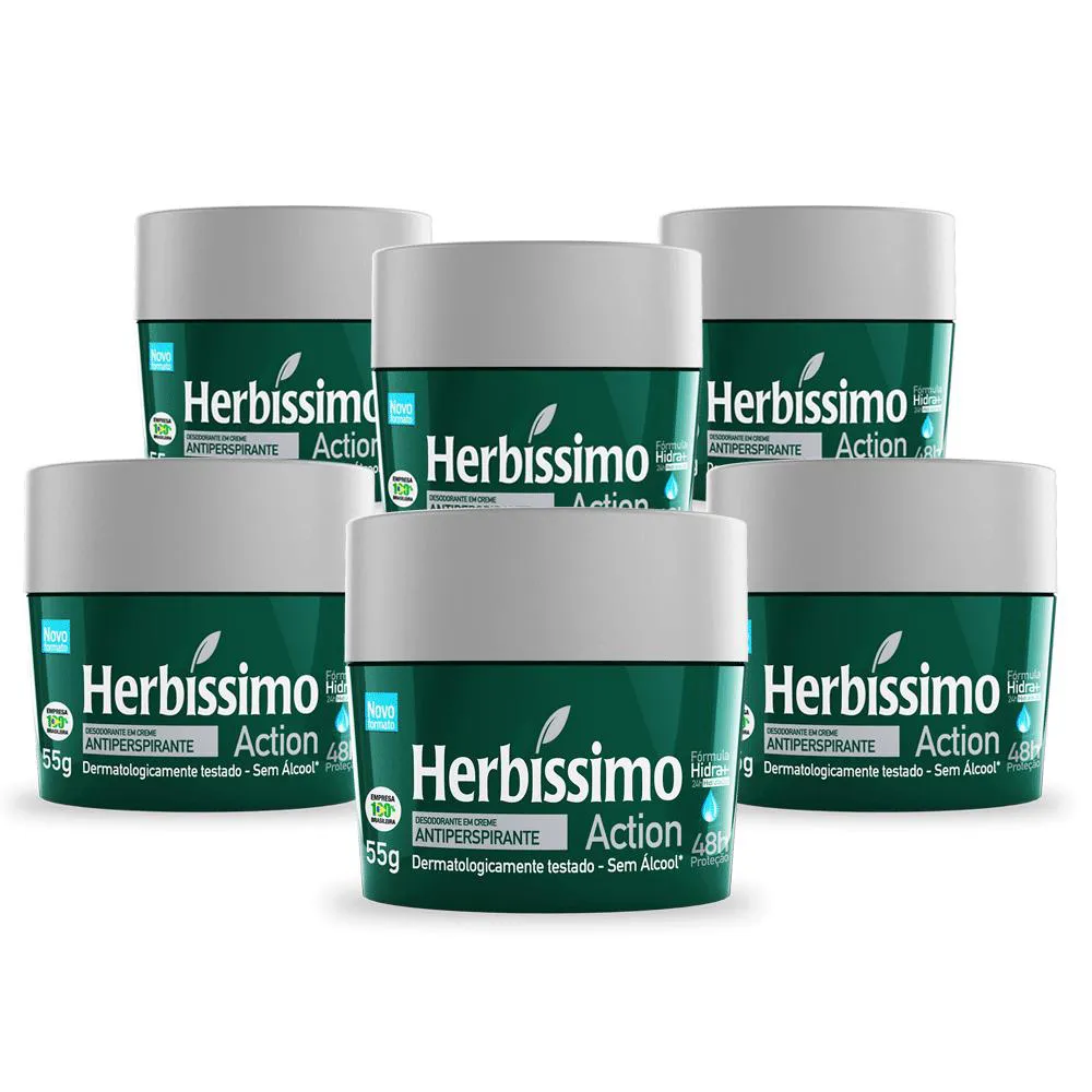 Kit Desodorante Antitranspirante Creme Action Herbíssimo 55g 6 unidades