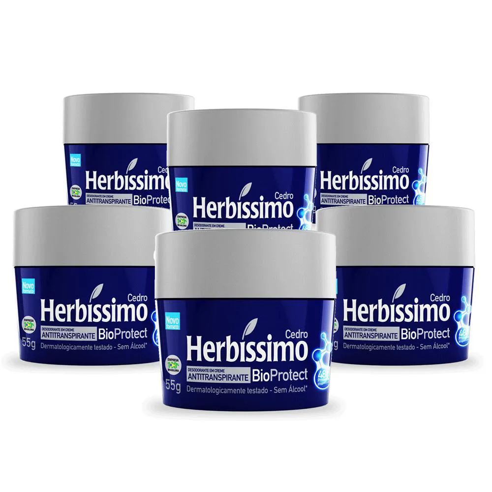 Kit Desodorante Antitranspirante Creme Herbíssimo Bioprotect Cedro 55g 6 unidades