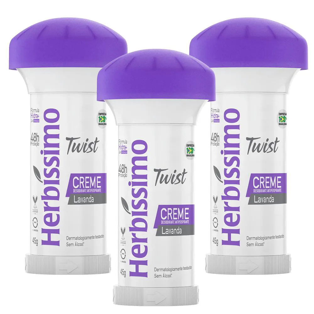 KIT DESODORANTE TWIST ANTITRANSPIRANTE LAVANDA HERBISSIMO 45G C/3 UNIDADES