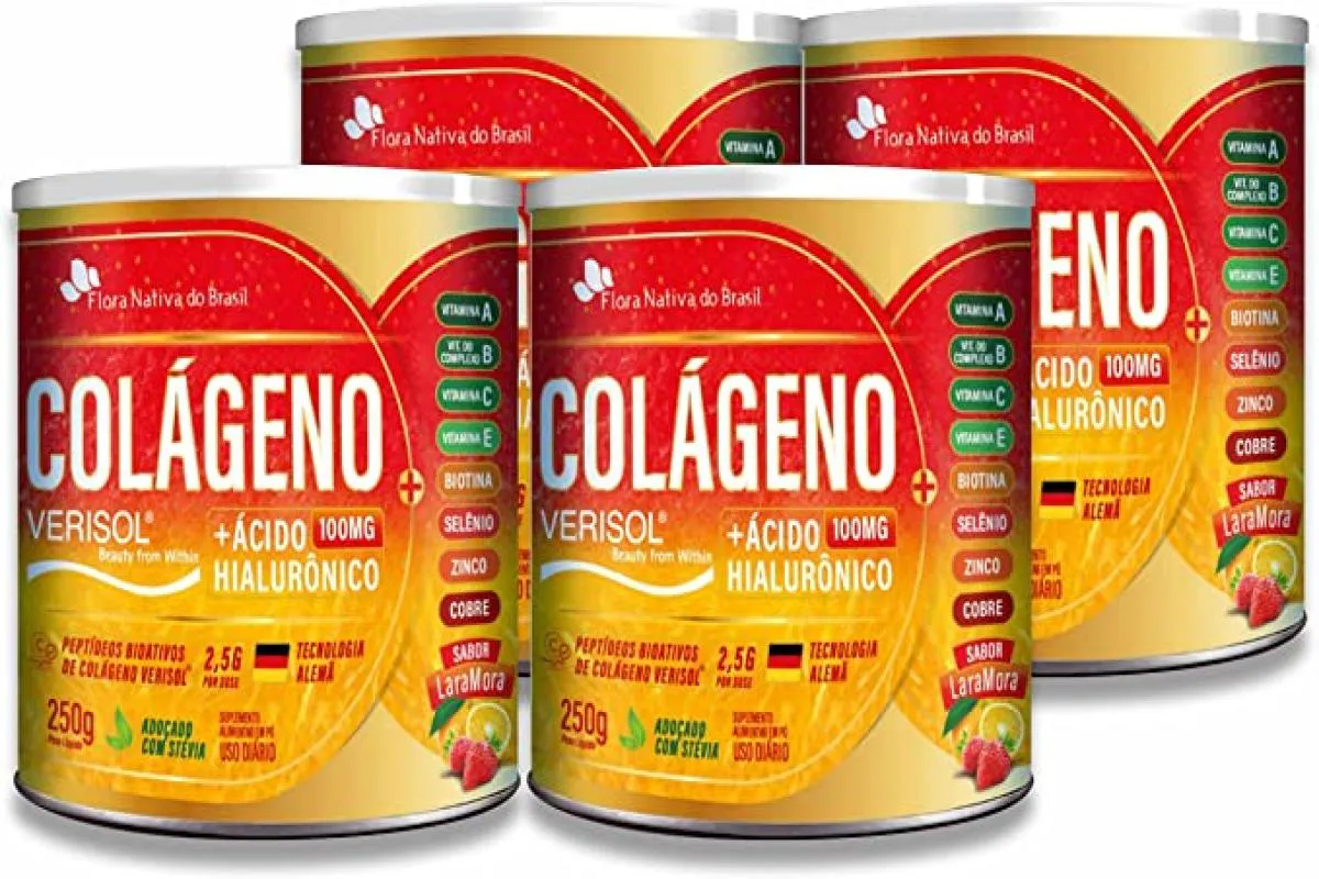 KIT COM 4 COLáGENO VERISOL + ÁCIDO HIALURôNICO 250G SABOR LARANJA COM MORANGO - FLORA NATIVA DO BRASIL