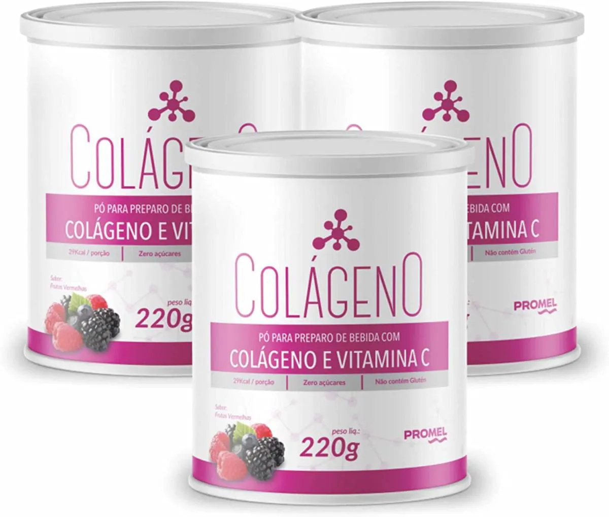 KIT COM 3 COLáGENO HIDROLISADO + VITAMINA C PROMEL 220G - SABOR FRUTAS VERMELHAS