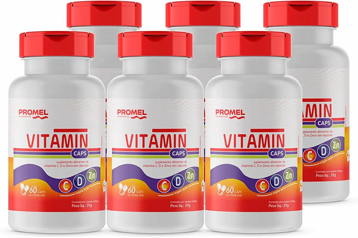 KIT COM 6 VITAMIN PROMEL VIT C, D E ZINCO 60 CAPS DE 750MG
