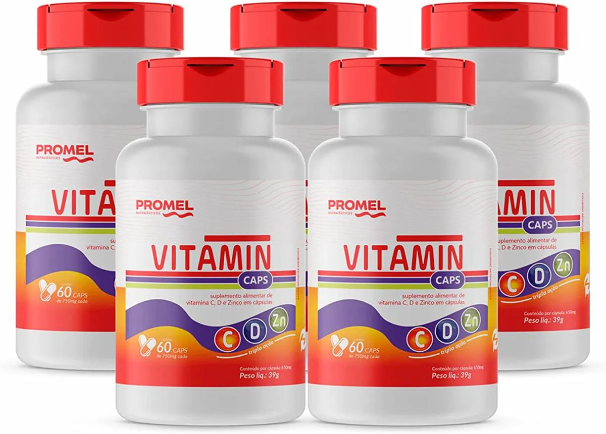KIT COM 5 VITAMIN PROMEL VIT C, D E ZINCO 60 CAPS DE 750MG