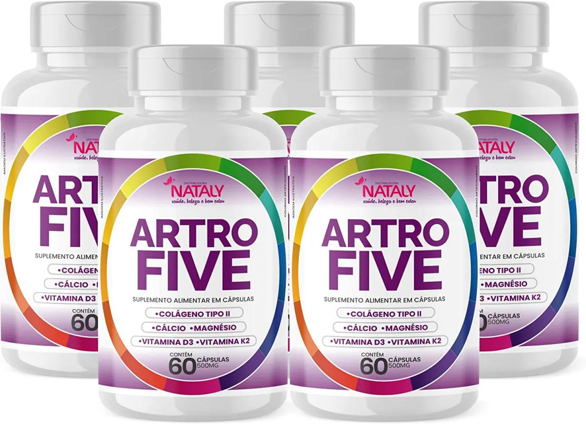 KIT COM 5 - ARTROFIVE COLáGENO TIPO 2 + MAGNéSIO E VITAMINAS 60 CAPSULAS DE 500MG NATALY