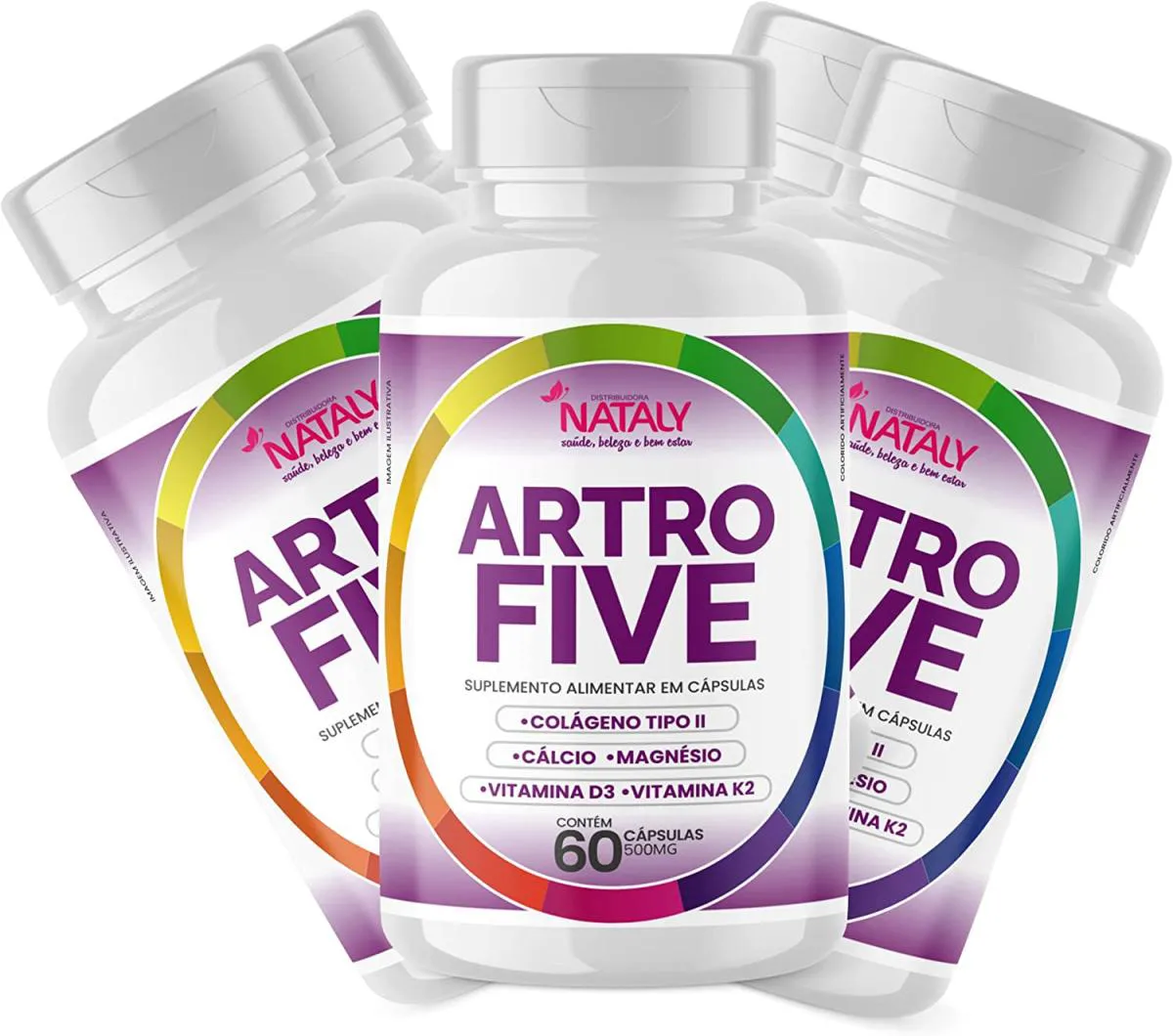 KIT COM 5 - ARTROFIVE COLáGENO TIPO II + MAGNéSIO E VITAMINAS 60 CAPSULAS DE 500MG NATALY