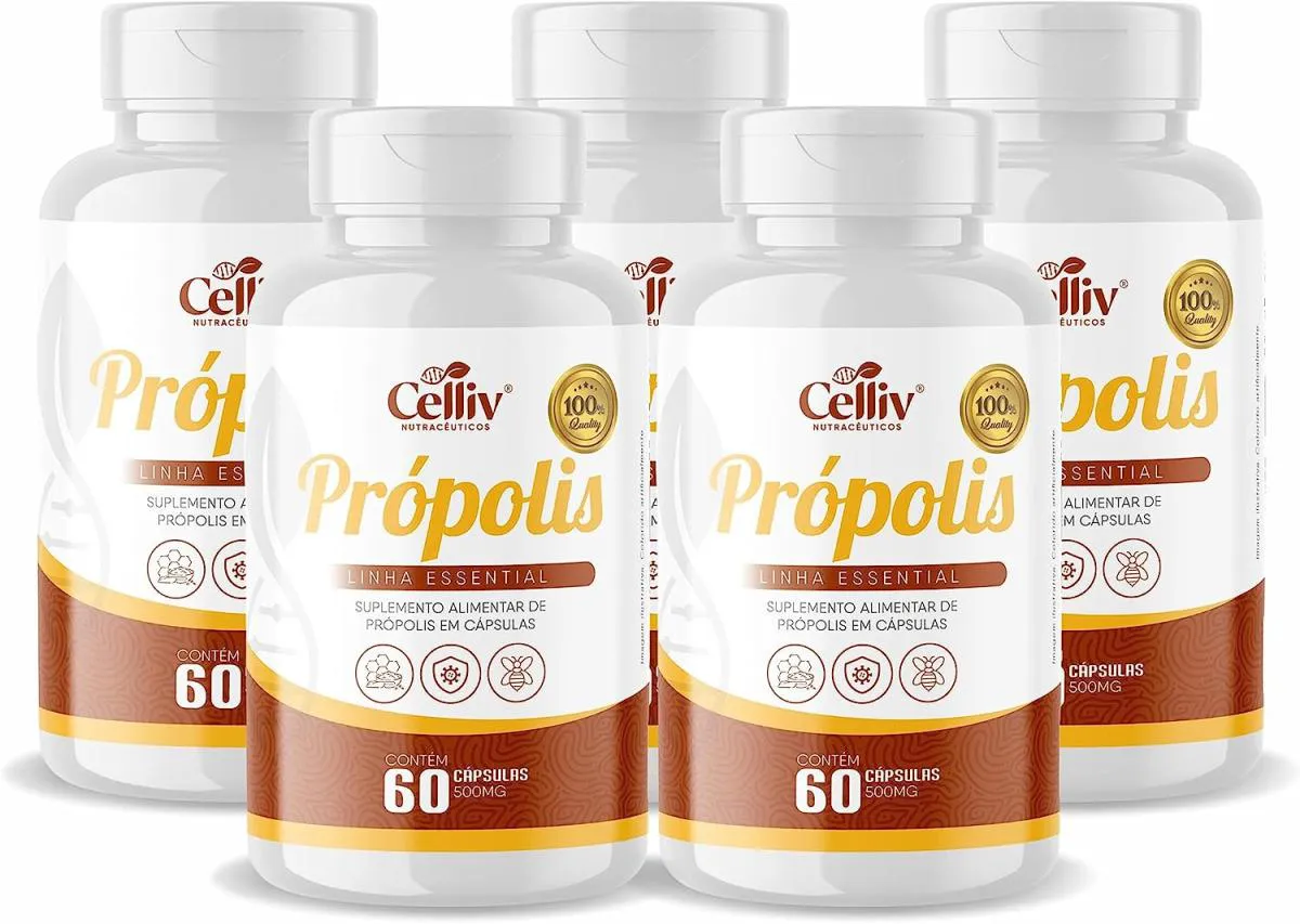 KIT COM 5 - EXTRATO DE PRóPOLIS 60 CAPSULAS DE 500MG CELLIV