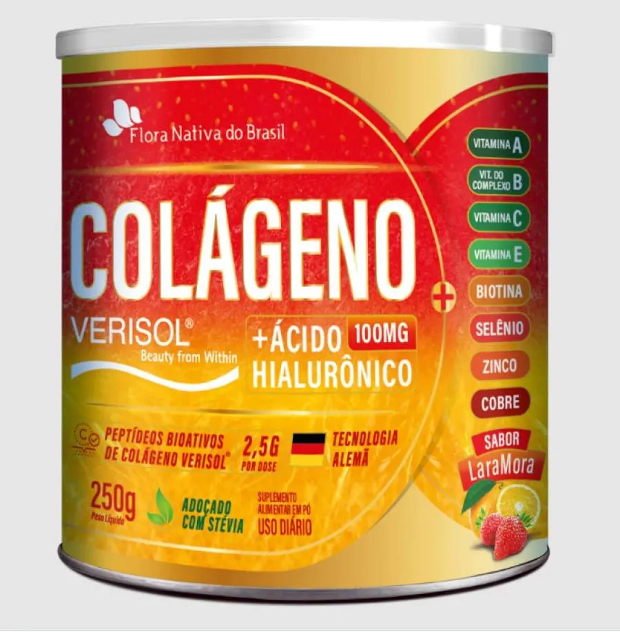 COLáGENO VERISOL + ÁCIDO HIALURôNICO 250G SABOR LARANJA COM MORANGO - FLORA NATIVA DO BRASIL