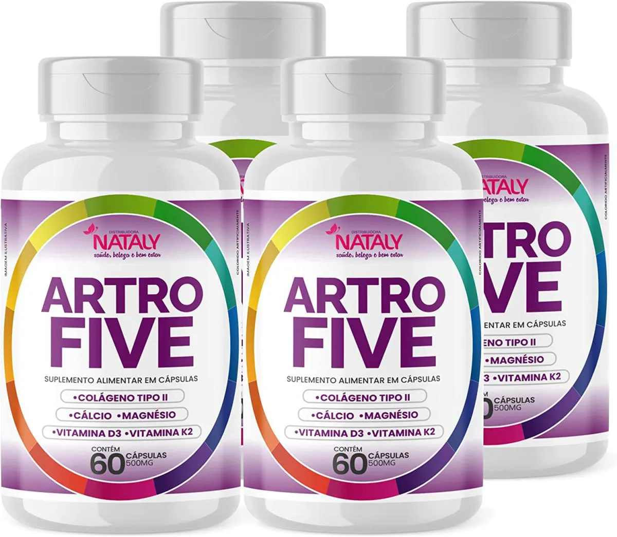 KIT COM 4 - ARTROFIVE COLáGENO TIPO 2 + MAGNéSIO E VITAMINAS 60 CAPSULAS DE 500MG NATALY