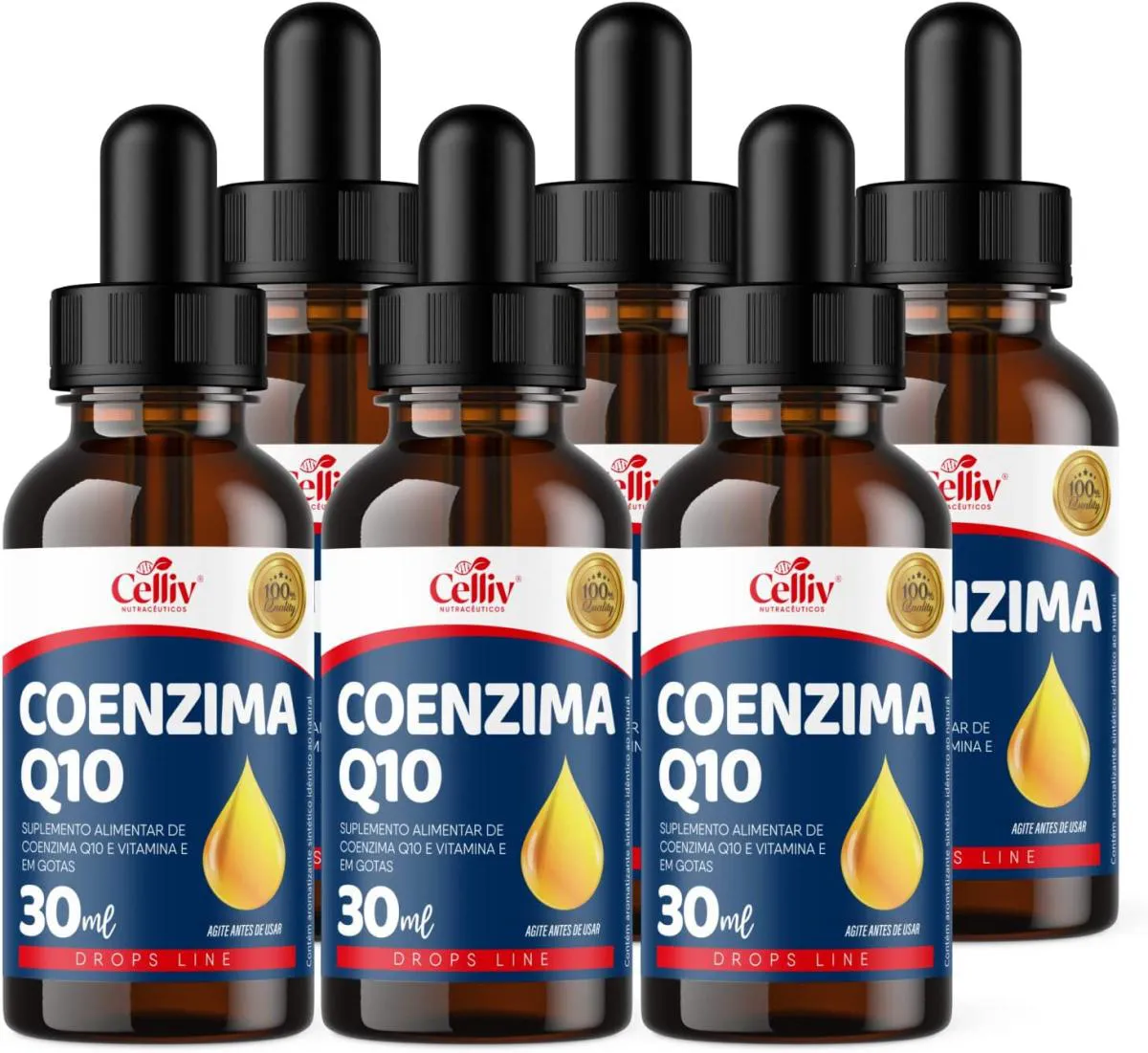 KIT COM 6 - COENZIMA Q10 100MG POR PORçãO E VITAMINA E SABOR MENTA EM GOTAS 30ML CELLIV