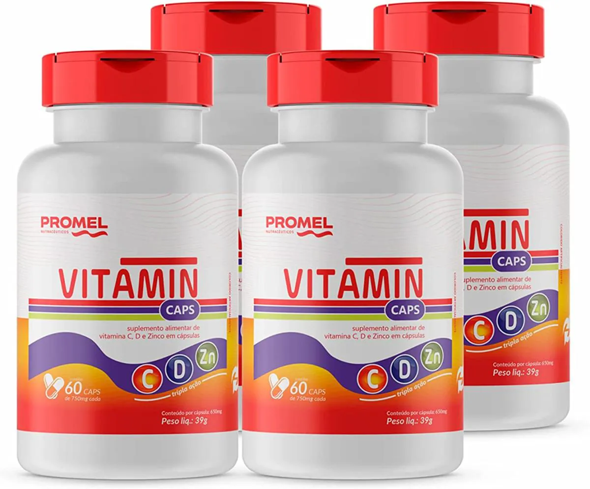 KIT COM 4 VITAMIN PROMEL VIT C, D E ZINCO 60 CAPS DE 750MG