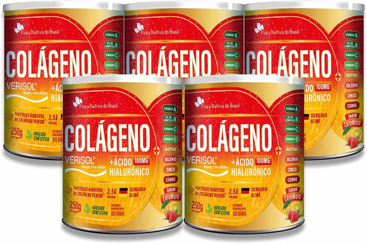 KIT COM 5 COLáGENO VERISOL + ÁCIDO HIALURôNICO 250G SABOR LARANJA COM MORANGO - FLORA NATIVA DO BRASIL