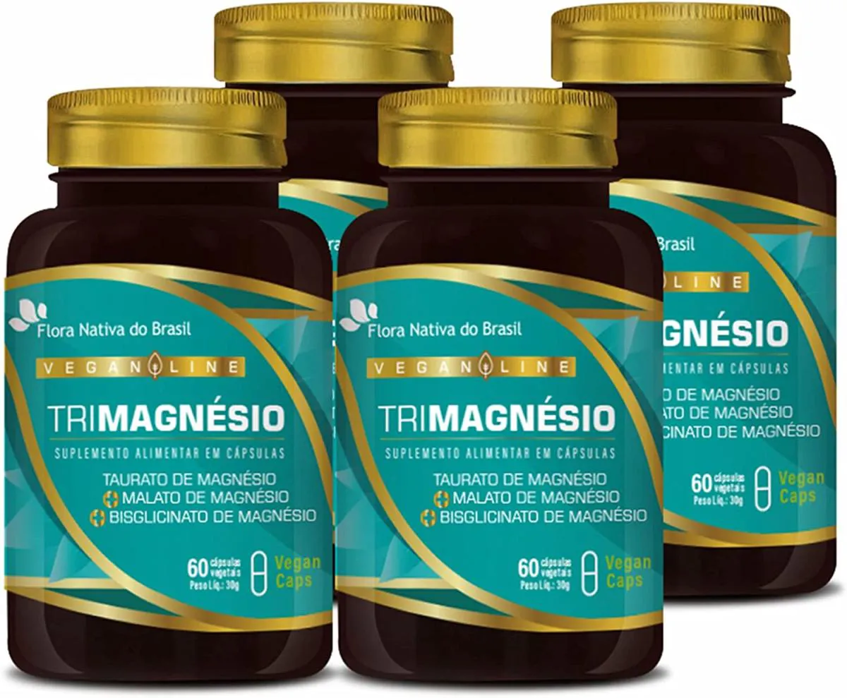 KIT COM 4 VEGAN TRI MAGNéSIO (TAURATO, MALATO E BISGLICINATO) 60 CAPS - FLORA NATIVA DO BRASIL